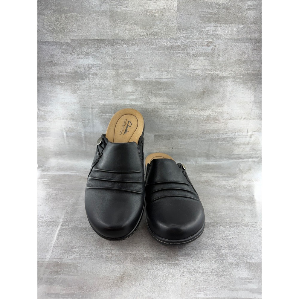 Clarks Collection Women Black Leather Ruched Slip On Mules Clogs Size 7M